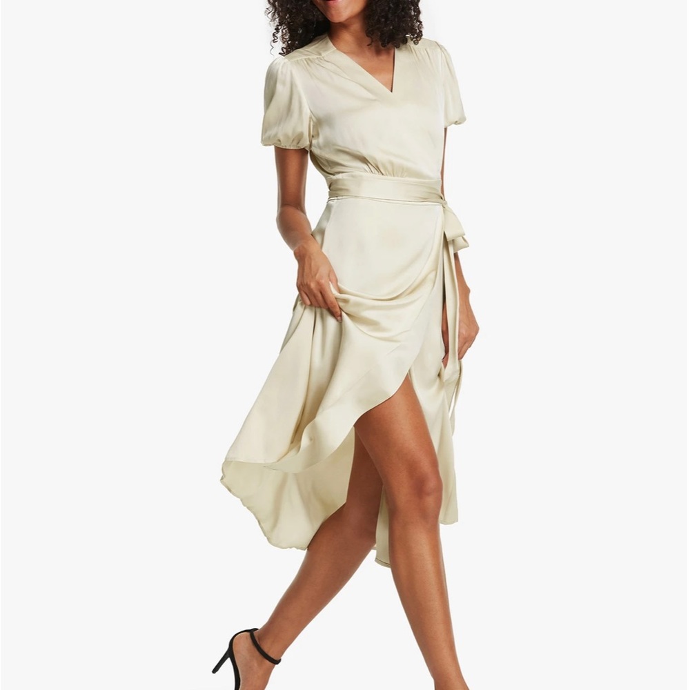 Distinctive Puff Sleeve Silk Wrap Dress